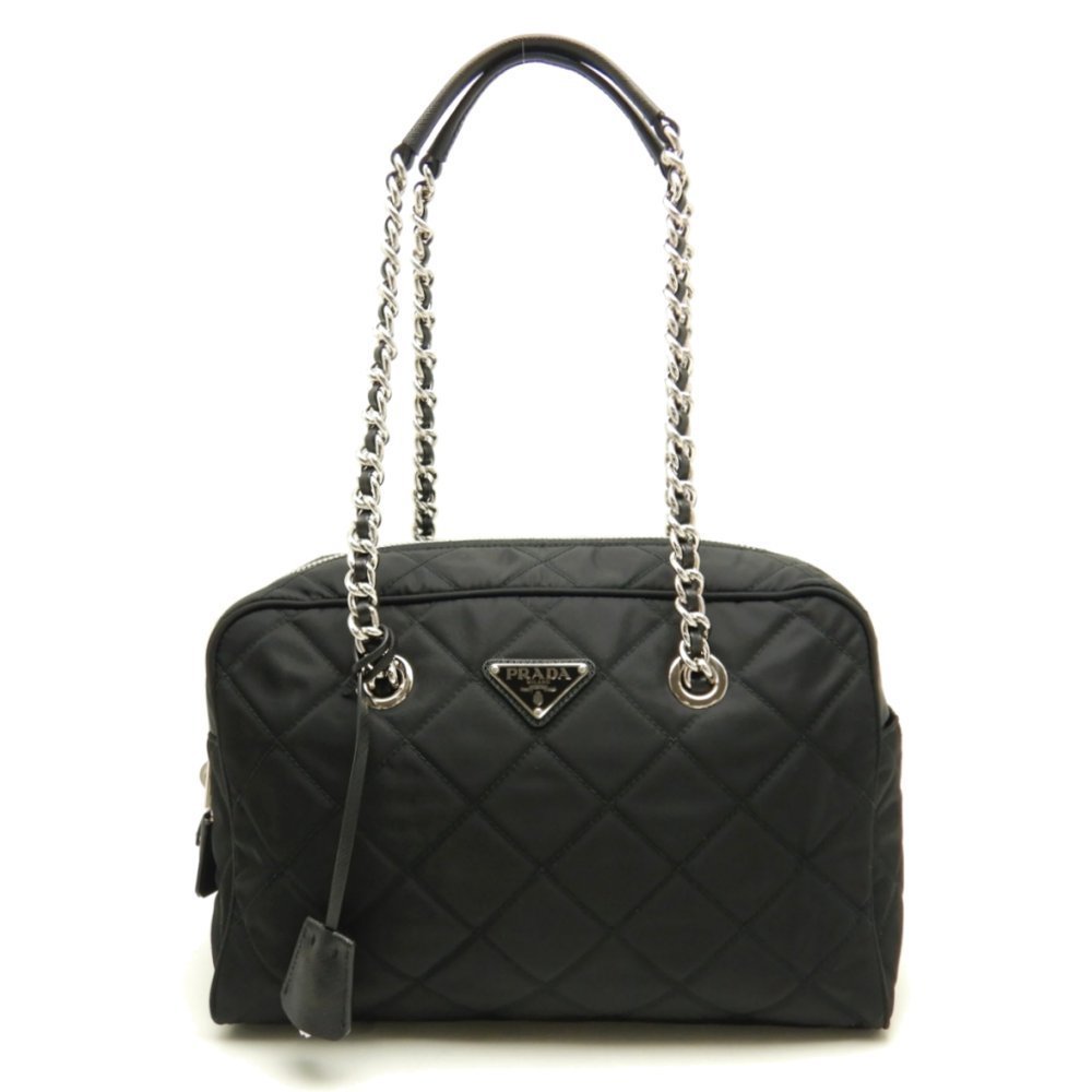 Prada Chain Tote Bag Quilted Taste Nylon Black